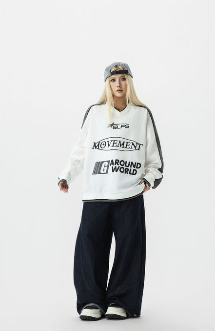 Camisa de Manga Larga con Cuello en V Deportiva Impermeable Negra Blanca