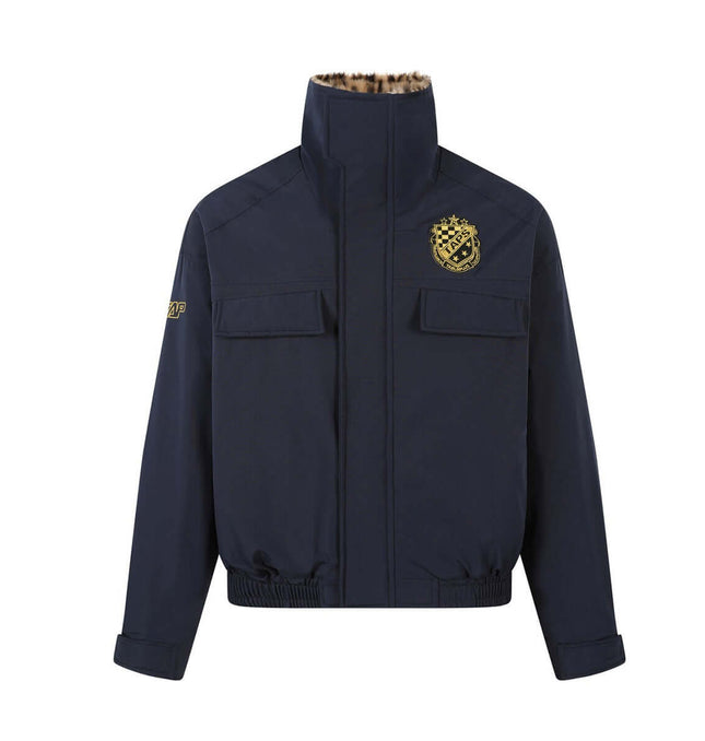 Leopard Style Fur Collar Jacket – Loose Fit featuring dark fabric and plush collar for winter style and warmth.