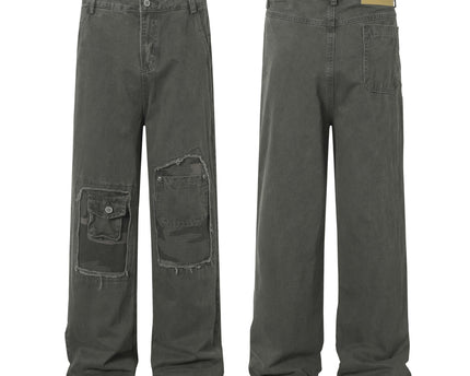 High Street  Washed Distressed Patch Pocket Decorated Denim Pants