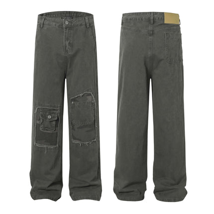 Distressed Patch Pocket Denim Pants featuring a vintage street style with bold patch pocket decoration and a distressed finish.