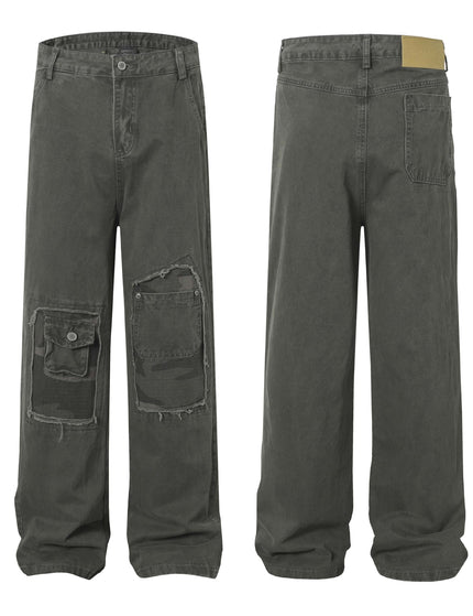 High Street  Washed Distressed Patch Pocket Decorated Denim Pants Unisex Loose Long Trousers