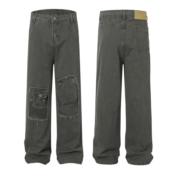 High Street  Washed Distressed Patch Pocket Decorated Denim Pants Unisex Loose Long Trousers