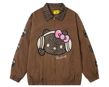 Retro Leopard Print Cartoon Patch Embroidered Patchwork Jacket