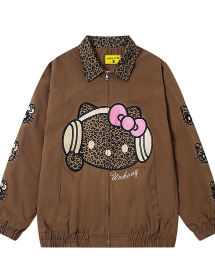 Veste en patchwork brodée avec patch cartoon imprimé léopard rétro