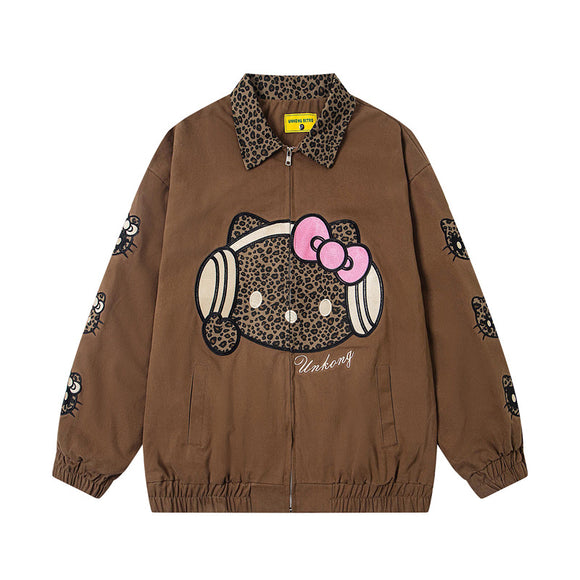 Retro Leopard Print Cartoon Patch Embroidered Patchwork Turn-down Collar Jacket Unisex Autumn Fashion Loose Casual Jacket
