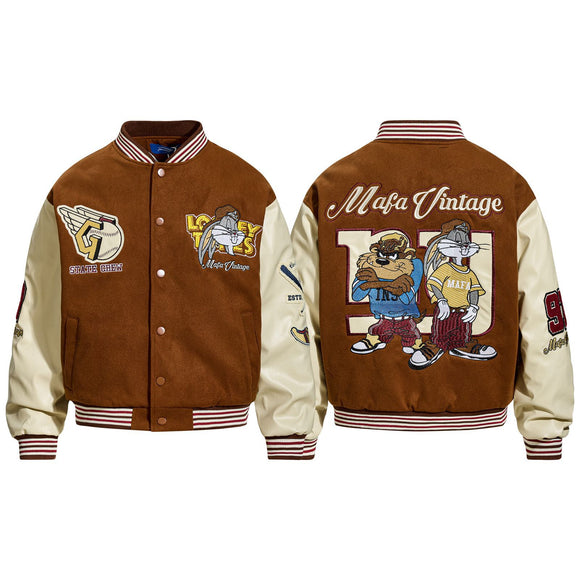 Winter  Retro Cartoon Cute Color-block Embroidered Jacket for Men and Women, Warm  Couple Cotton Coat Outerwear