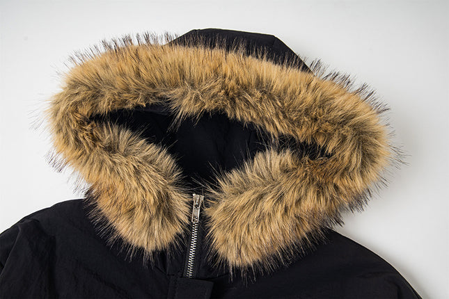 Cappotto di Cotone con Cappuccio Ricamato e Collo di Pelliccia