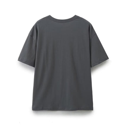 Organic relaxed cotton round neck t-shirt in dark gray, featuring a versatile short-sleeved design.