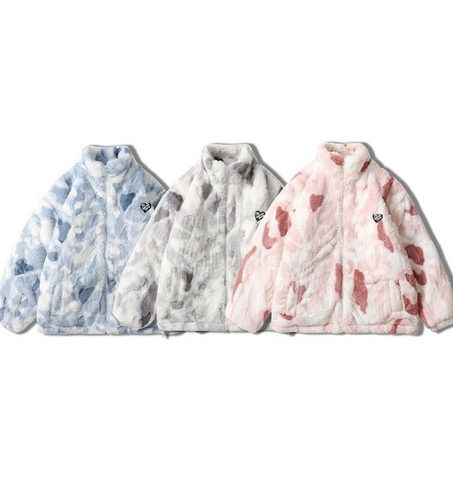 Chic Winter Tie-Dye: Unisex Imitation Rabbit Plush Jacket for Japanese Street Vibes!