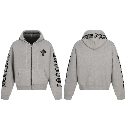 Letter Jacquard Knit Hoodie – Loose Fit, gray hoodie with bold letter jacquard pattern, front and back view.