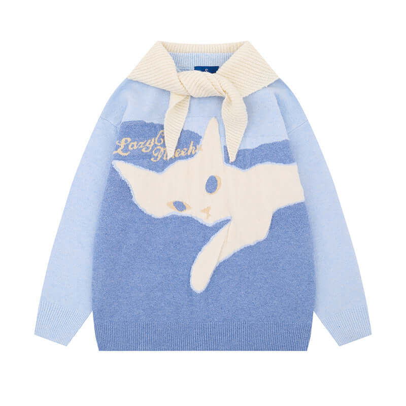 Front view of Cute Cat Shawl Knit Top - Grozavu brand streetwear