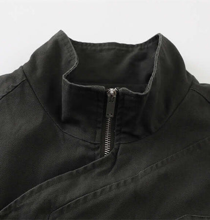 Stand Collar Casual Jacket – Loose Fit showcasing the stand collar and zipper detail in black.