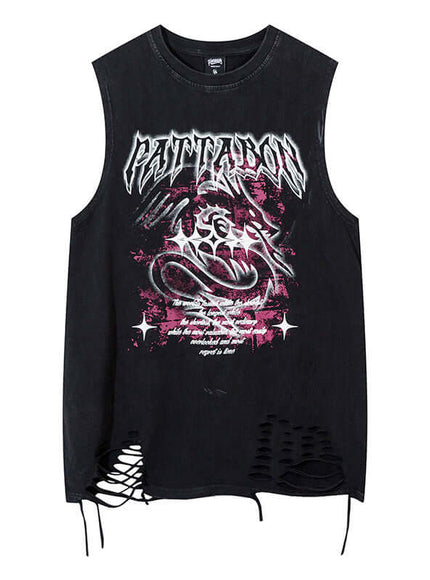 Close-up of Black washed distressed unique sleeveless t-shirt fabric