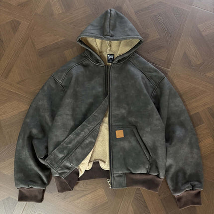 Thick Suede Hooded Jacket – Street Style, featuring a versatile design with faux suede and soft lamb fur lining.