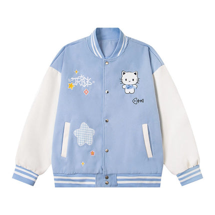 Embroidery Cute Cat Baseball Jacket Women Loose Korean Chic Jacket