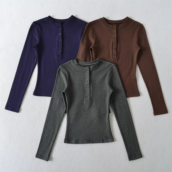 Camiseta básica de cuello redondo de color sólido con media botonera y manga larga para mujeres, ajustada elástica con forro de felpa