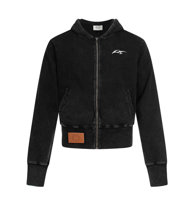 Washed Retro Zip Hooded Jacket – Fitted in black with geometric pattern and cotton fabric for casual style.