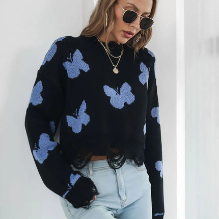 Distressed Butterfly Cropped Sweater – Slim Fit