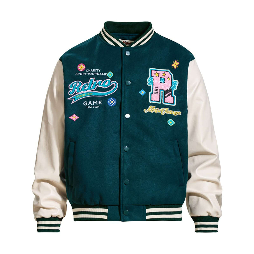 Model wearing Green heavy embroidered lettering paneled jacket by Grozavu