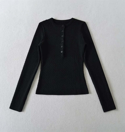 Round Neck Half-Button Knit Sweater in black, showcasing a slim-fit design and half-button placket.
