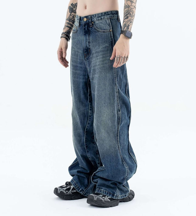 Wave Washed Distressed Jeans – Loose Straight Fit