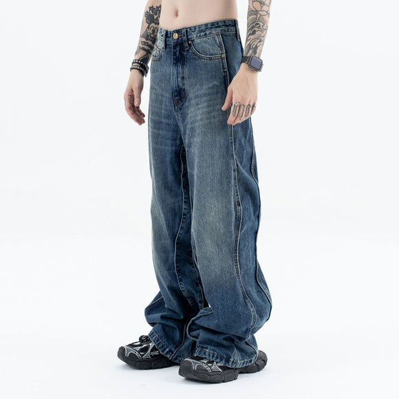 Men's Wave Pants Water Washed Distressed Loose Straight