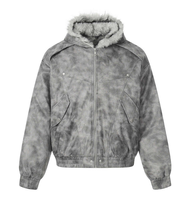 Hooded Fur Collar Jacket – Loose Fit in gray with a stylish fur-lined hood and distressed patchwork design.