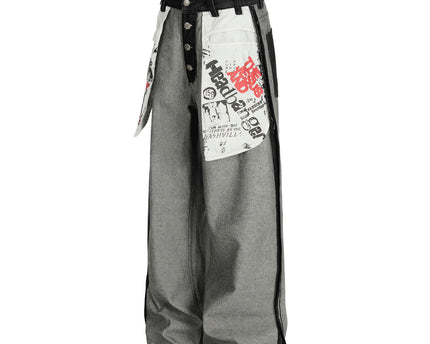 Street Style Printed Deconstructed Asymmetrical Design Loose Fit Unisex Jeans