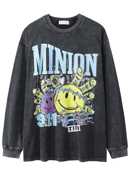 Model wearing Black smiley graphic long sleeve by Grozavu