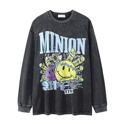 Model wearing Black smiley graphic long sleeve by Grozavu