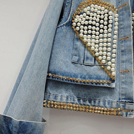 Grozavu's Denim Coat: Embrace Effortless Elegance with Heart Beading and Pearls! at €86.99