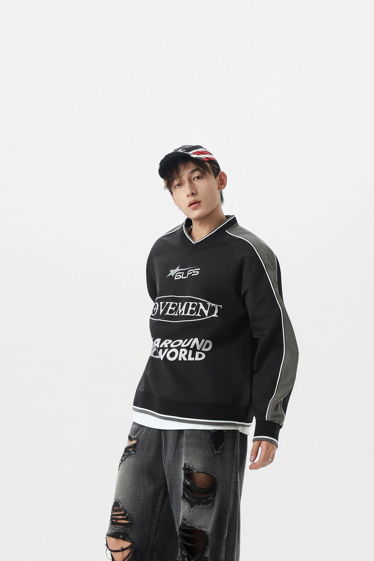 Camisa de Manga Larga con Cuello en V Deportiva Impermeable Negra Blanca