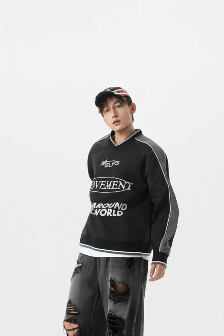 Camisa de Manga Larga con Cuello en V Deportiva Impermeable Negra Blanca