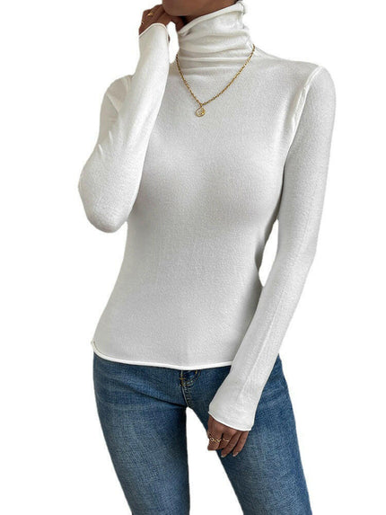 Grozavu's White High Neck Slim Fit Knitwear: Comfortable Long Sleeve Sweater at €30.99