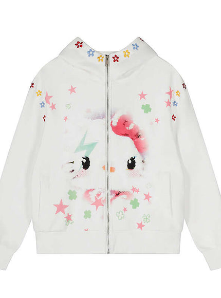 Model wearing White cartoon print hooded sweatshirt sense by Grozavu