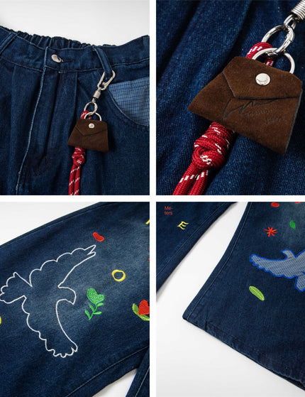 Retro Fun Patch Embroidery Denim Pants Unisex Trendy Design Wide Leg Loose Washed Tapered Jeans