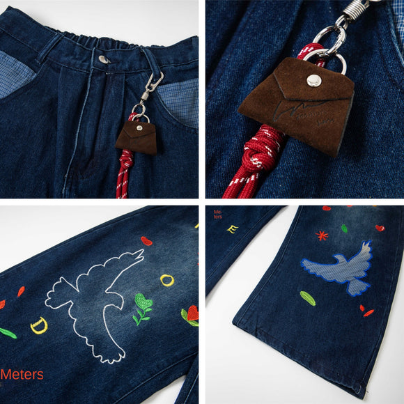 Retro Fun Patch Embroidery Denim Pants Unisex Trendy Design Wide Leg Loose Washed Tapered Jeans