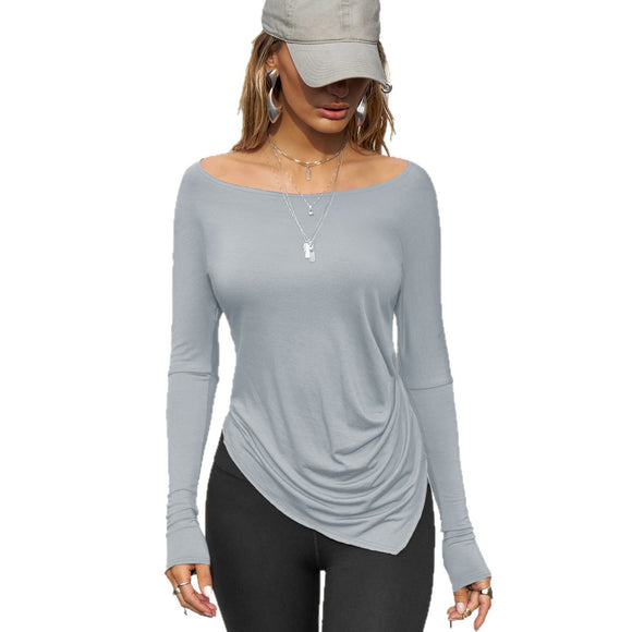 Camiseta de manga larga suelta y casual de estilo irregular en color sólido para mujeres con detalle fruncido, cintura ajustada y parte inferior elástica