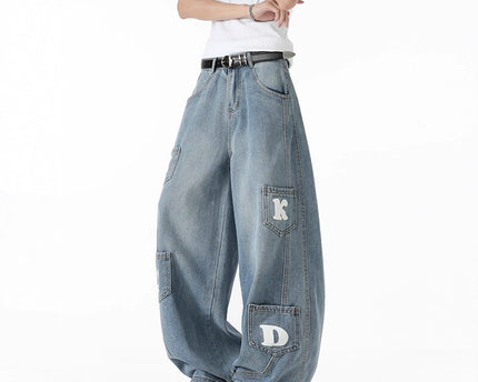 Multi-pocket Washed Knife-cut Pants for Men and Women Autumn American Retro Distressed Jeans, Loose Wide-leg Floor-length Trousers