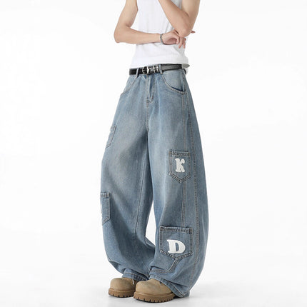 Multi-pocket Washed Knife-cut Pants for Men and Women Autumn American Retro Distressed Jeans, Loose Wide-leg Floor-length Trousers