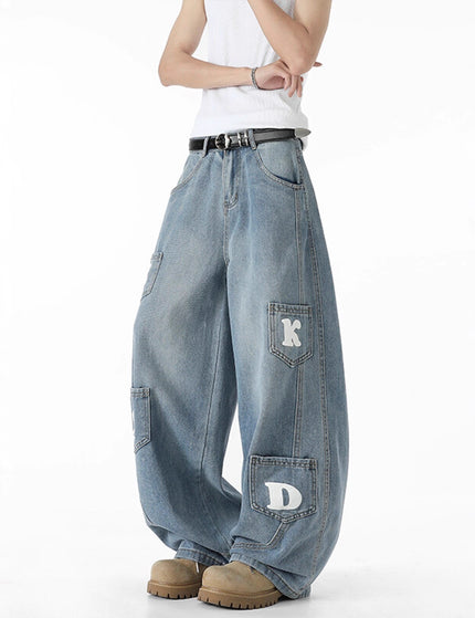 Multi-pocket Washed Knife-cut Pants for Men and Women Autumn American Retro Distressed Jeans, Loose Wide-leg Floor-length Trousers