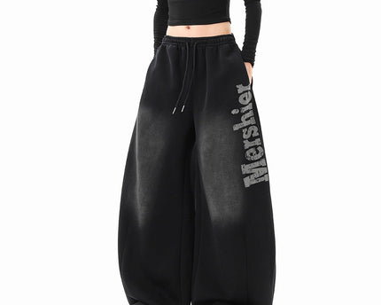 Streetwear Hip Hop Washed Letter Sweatpants Unisex Winter Trendy  Loose Wide Leg Pants Hiphop Casual Slit Pants