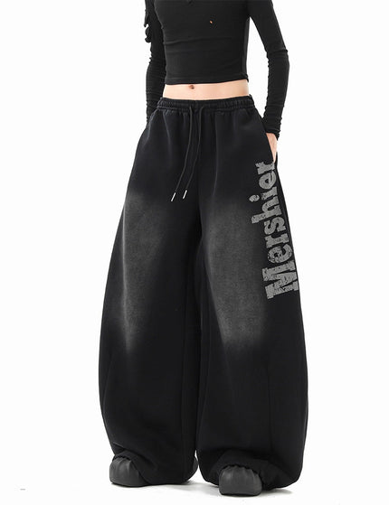 Streetwear Hip Hop Washed Letter Sweatpants Unisex Winter Trendy  Loose Wide Leg Pants Hiphop Casual Slit Pants