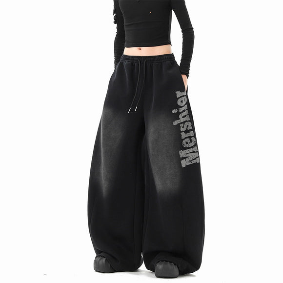 Streetwear Hip Hop Washed Letter Sweatpants Unisex Winter Trendy  Loose Wide Leg Pants Hiphop Casual Slit Pants