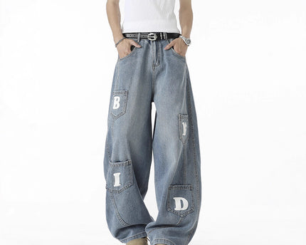 Multi-pocket Washed Knife-cut Pants for Men and Women Autumn American Retro Distressed Jeans, Loose Wide-leg Floor-length Trousers