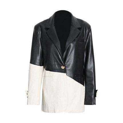 Grozavu's Patchwork PU Leather Blazer: Casual Chic with Hit Color Accents at €88.99