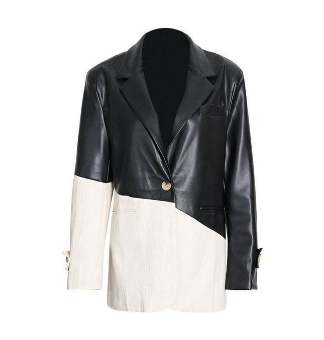 Grozavu's Patchwork PU Leather Blazer: Casual Chic with Hit Color Accents at €88.99