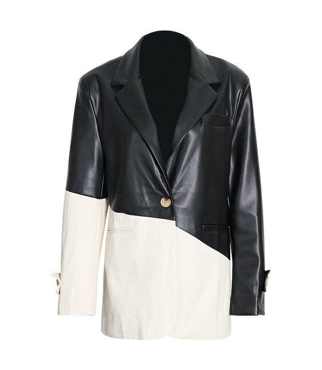 Grozavu's Patchwork PU Leather Blazer: Casual Chic with Hit Color Accents