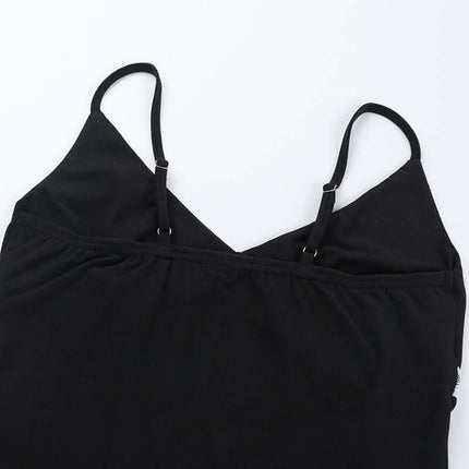 Lace Patchwork VNeck Top – Slim Fit featuring soft fabric and adjustable straps in a sleek black design.