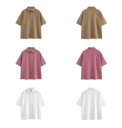 Minimal Casual Loose Short Sleeve Shirt in brown, pink, and white styles displayed in a grid layout.